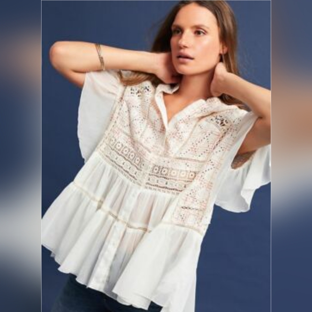 Anthropologie Cream Color Blouse with Flowing Layers & Textures